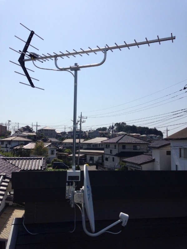 破風板に取り付けたUHFアンテナとBS/CSアンテナ