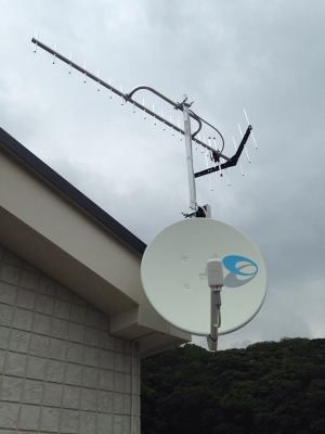 破風板に取り付けたUHFアンテナとBS/CSアンテナ