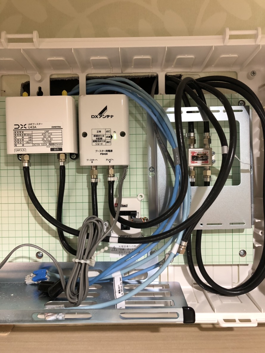 マルチメディアボックス内のブースターの本体および電源と分配器
