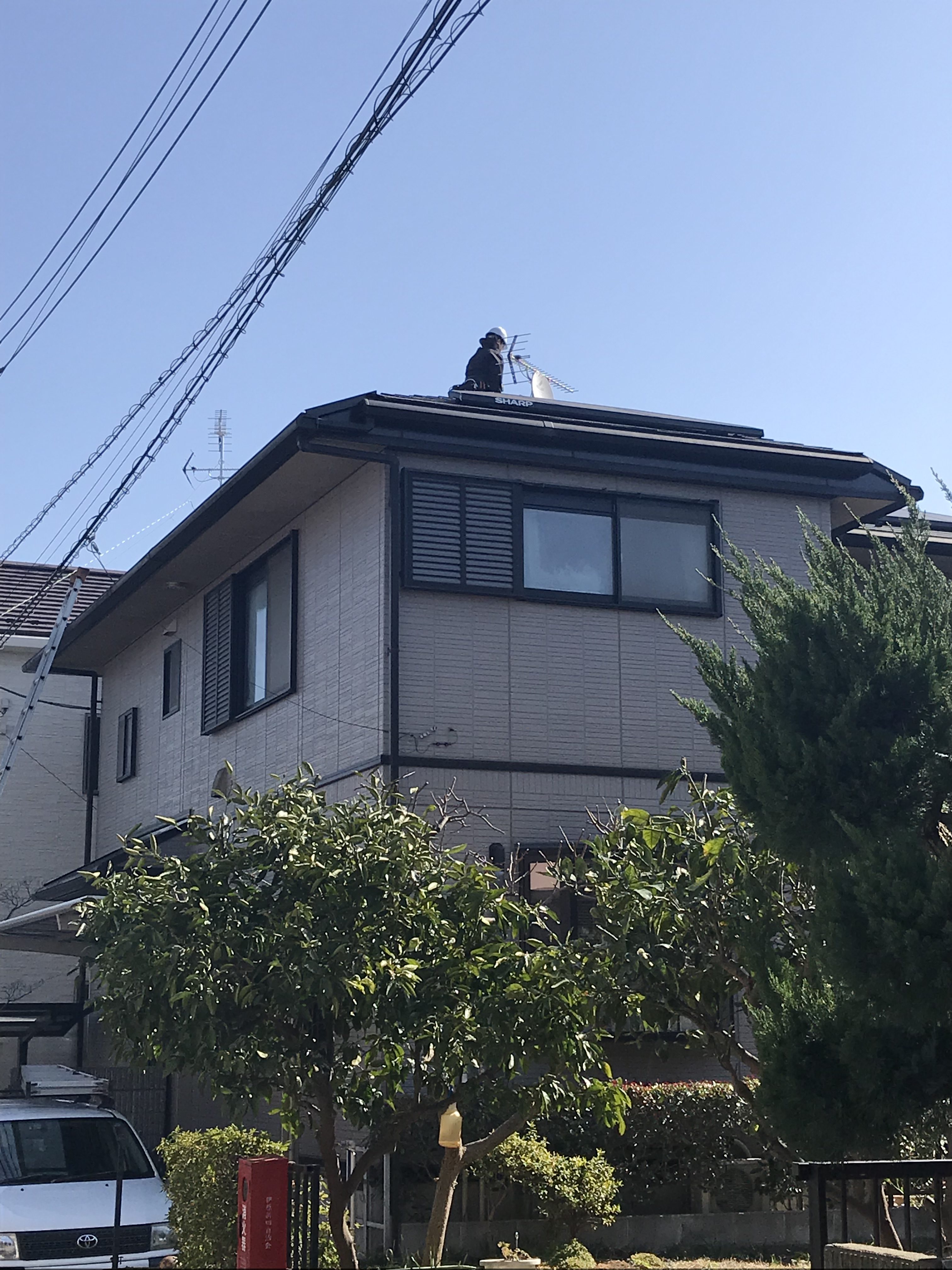 男性が屋根上で作業している女性スタッフ