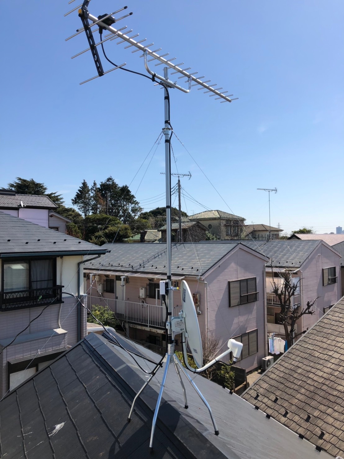 屋根上に設置したUHFアンテナとBS/CSアンテナ