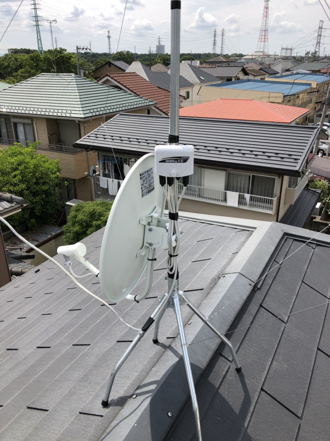 屋根上に設置したBS/CSアンテナとブースターの本体