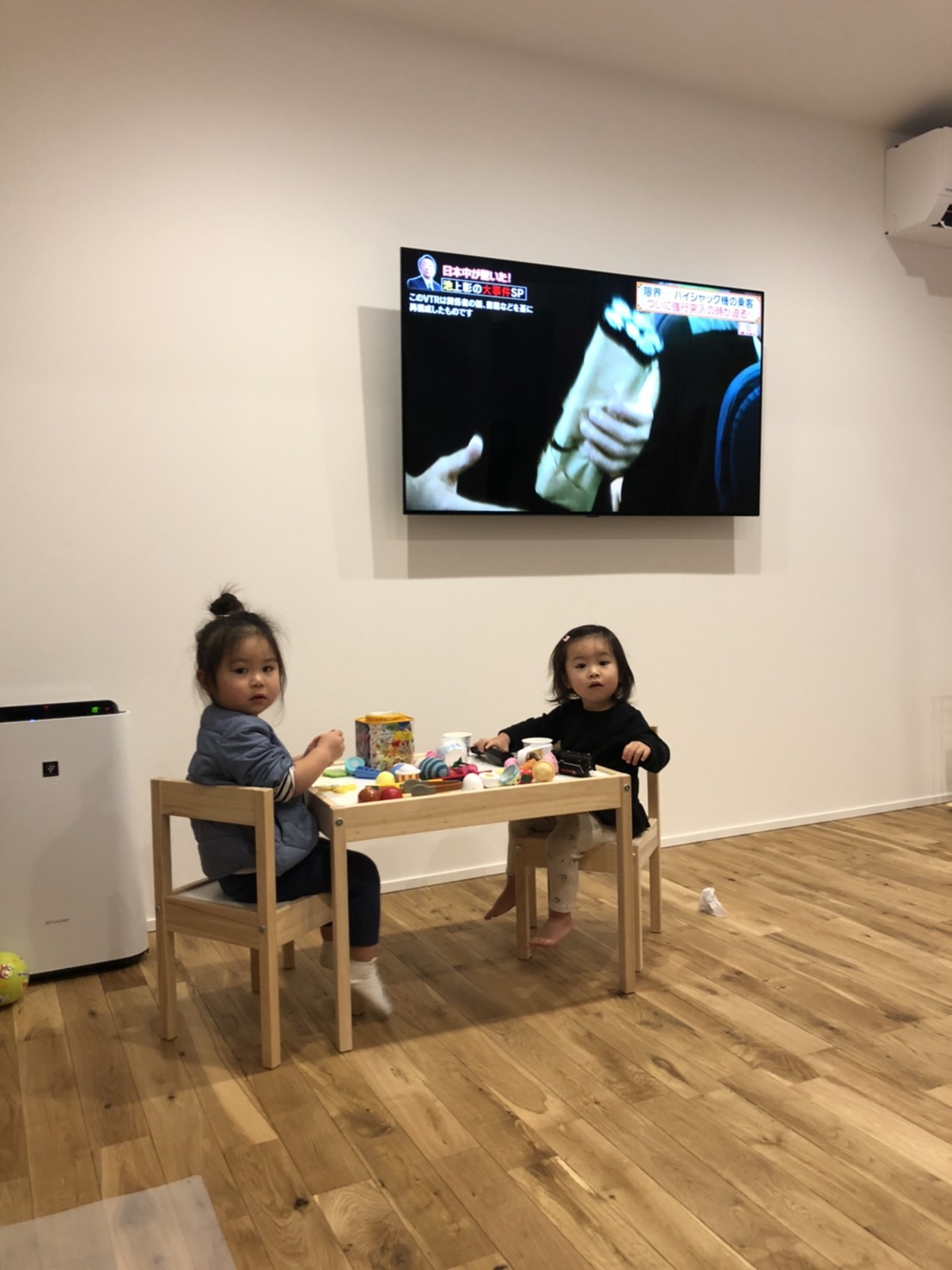 テレビの前で椅子に腰かける幼い姉妹
