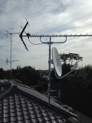 破風板に取り付けたUHFアンテナとBS/CSアンテナ