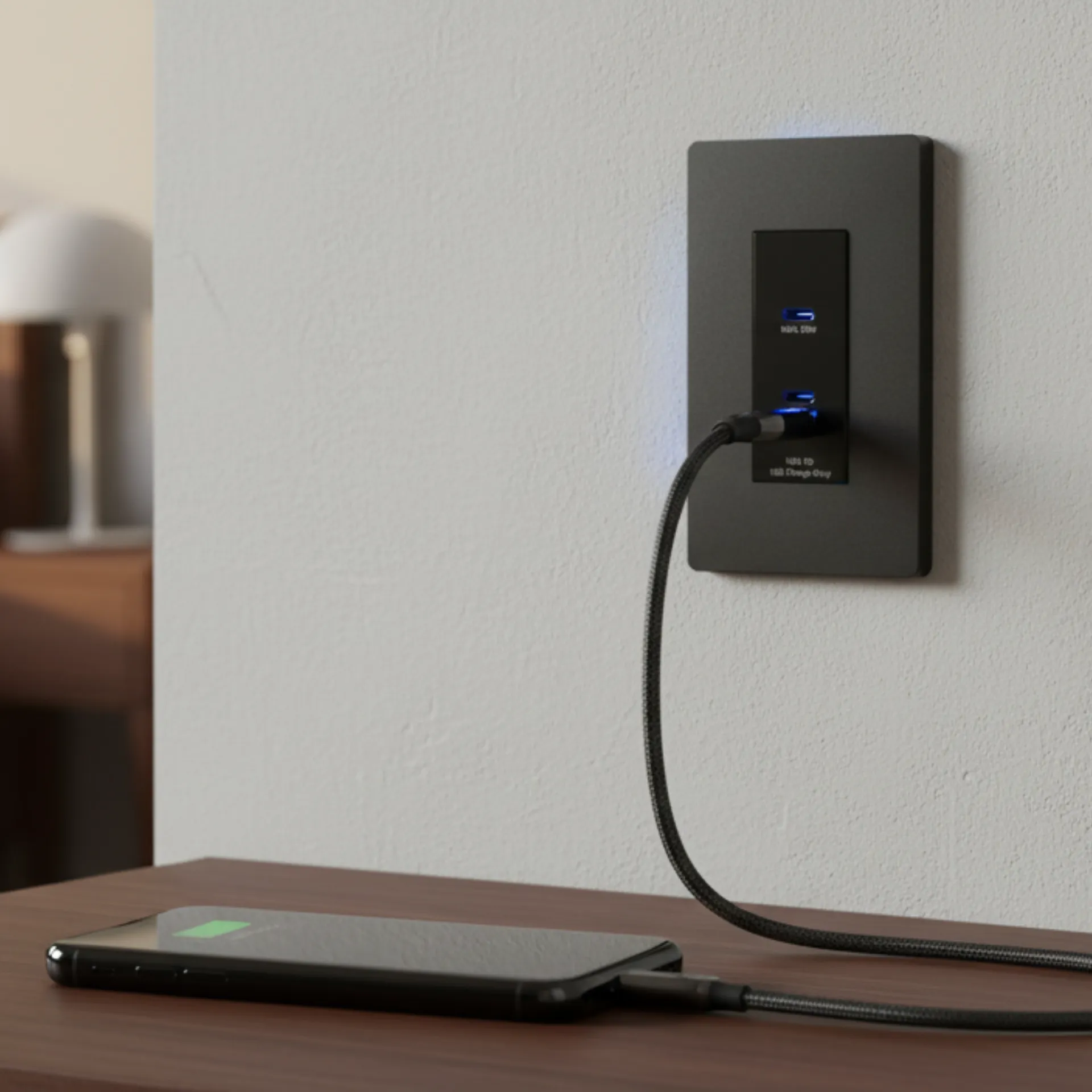 ベッドサイドのテーブルでスマートフォンを充電している黒色の埋め込み型USB-Cコンセント